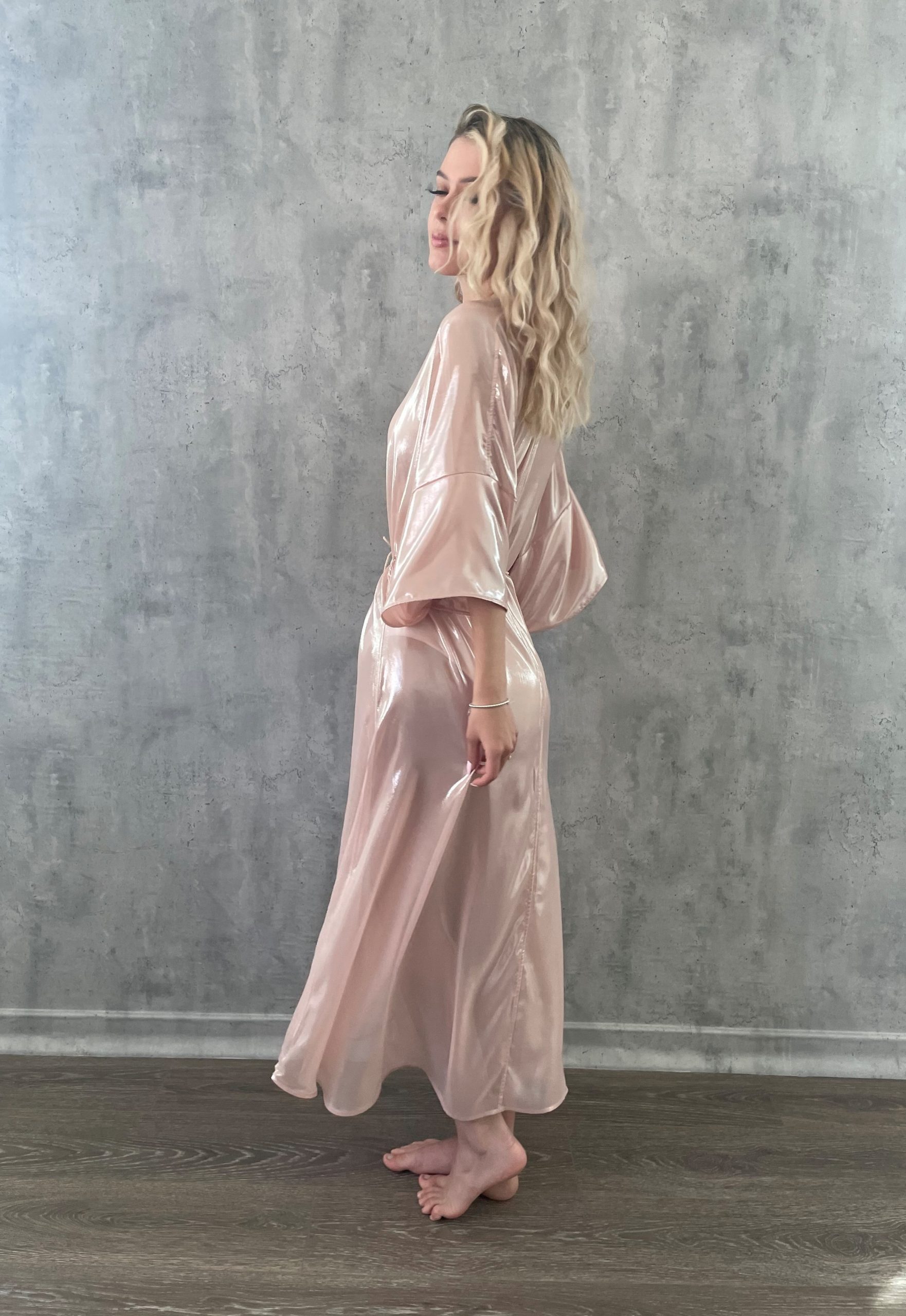 Blush Pink Satin Kimono Robe