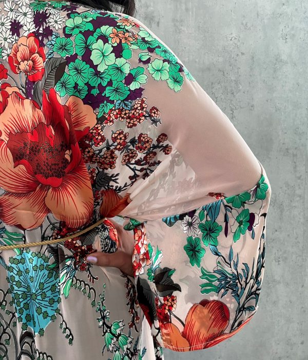 Abbey Floral Robe Sheer Cover Up Kimono Vibrant Long Silk